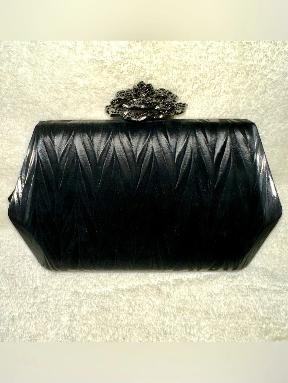 BC Bags Black Satin Rhinestone Rose Flower Clasp Hard Case